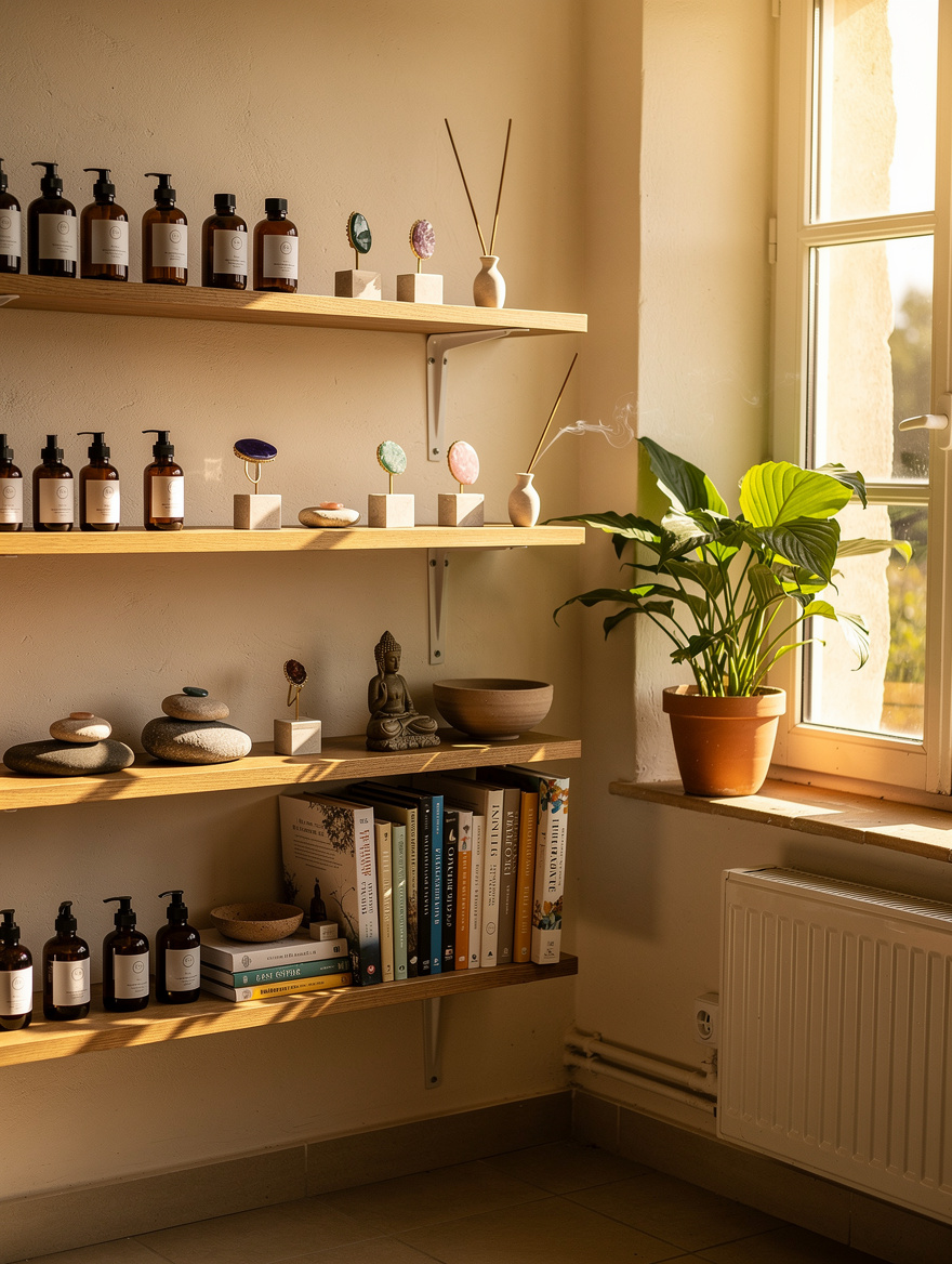 Étagères en bois de la boutique bien-être (illustration)