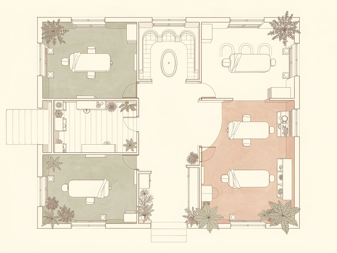 Plan illustré de la maison Idelia : les pièces des praticiens, l’espace corps et hammam, la boutique bien-être